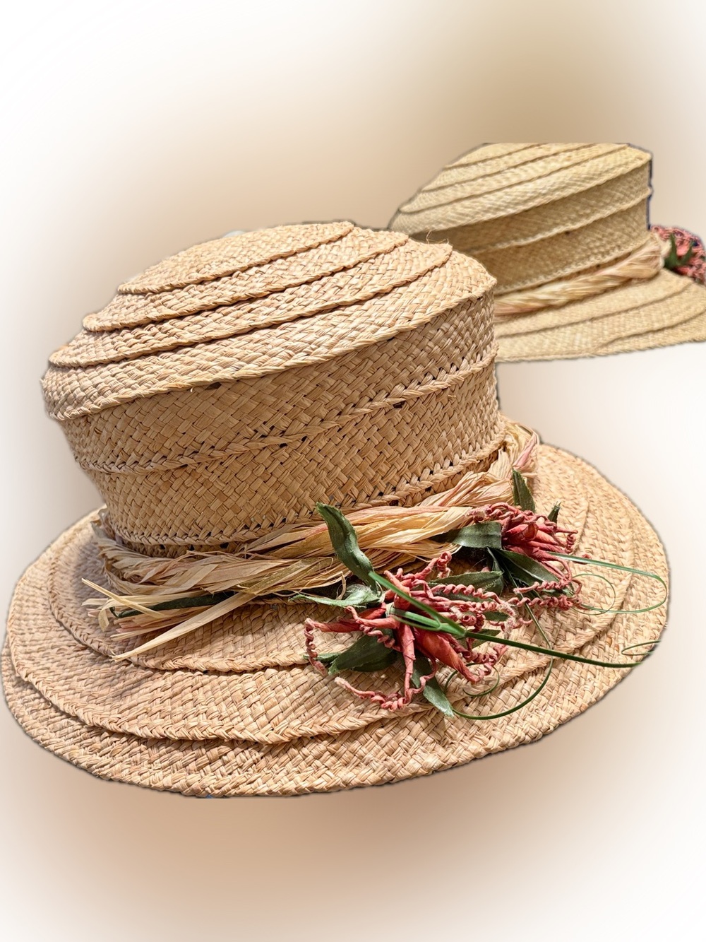 April Cornell Natural Straw Hat with Pink Floral and Raffia Accents